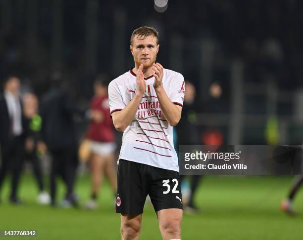 Tommaso Pobega of AC Milan reacts at the end of the Serie A match between Torino FC and AC Milan at Stadio Olimpico di Torino on October 30, 2022 in...
