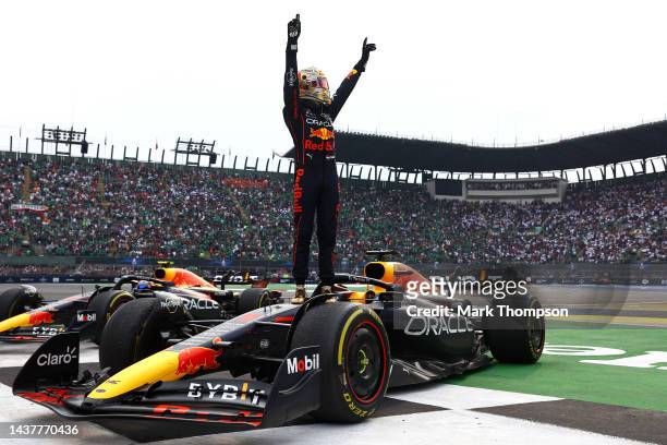Race winner Max Verstappen of the Netherlands and Oracle Red Bull Racing celebrates in parc ferme during the F1 Grand Prix of Mexico at Autodromo...