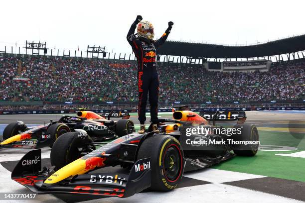 Race winner Max Verstappen of the Netherlands and Oracle Red Bull Racing celebrates in parc ferme during the F1 Grand Prix of Mexico at Autodromo...