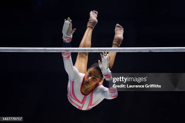 Ondine Achampong of Team Great Britain competes on Uneven Bars during Women's Qualification on Day Two of the FIG Artistic Gymnastics World...