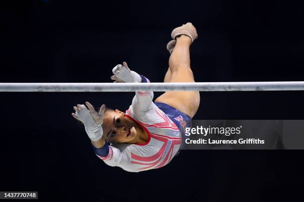 Georgia-Mae Fenton of Team Great Britain competes on Uneven Bars during Women's Qualification on Day Two of the FIG Artistic Gymnastics World...
