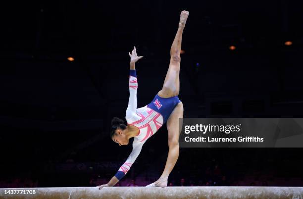 Ondine Achampong of Team Great Britain competes on Balance Beam during Women's Qualification on Day Two of the FIG Artistic Gymnastics World...