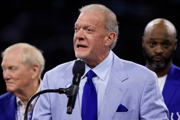 Indianapolis Colts owner Jim Irsay speaks during a Indianapolis Colts Ring of Honor induction ceremony during halftime of a game against the...