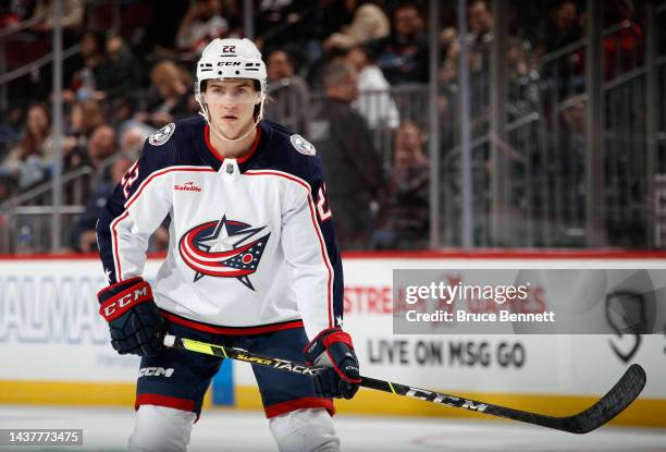 Jake Bean of the Columbus Blue Jackets skates against the New Jersey Devils at the Prudential Center on October 30, 2022 in Newark, New Jersey. The...