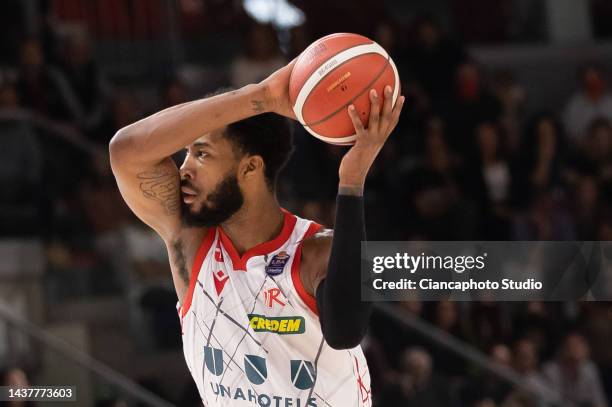 Mikael Hopkins of UNAHOTELS Reggio Emilia in action during the LBA Lega Basket Serie A match between UNAHOTELS Reggio Emilia and Happy Casa Brindisi...