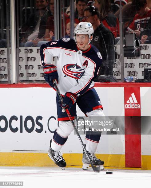 Zach Werenski of the Columbus Blue Jackets skates against the New Jersey Devils at the Prudential Center on October 30, 2022 in Newark, New Jersey....