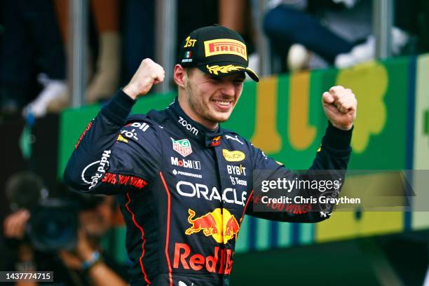 Race winner Max Verstappen of the Netherlands and Oracle Red Bull Racing celebrates on the podium during the F1 Grand Prix of Mexico at Autodromo...
