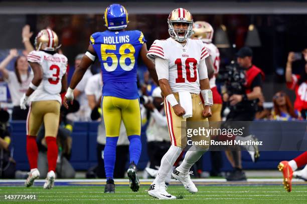 Jimmy Garoppolo of the San Francisco 49ers celebrates a touchdown during the fourth quarter at SoFi Stadium on October 30, 2022 in Inglewood,...