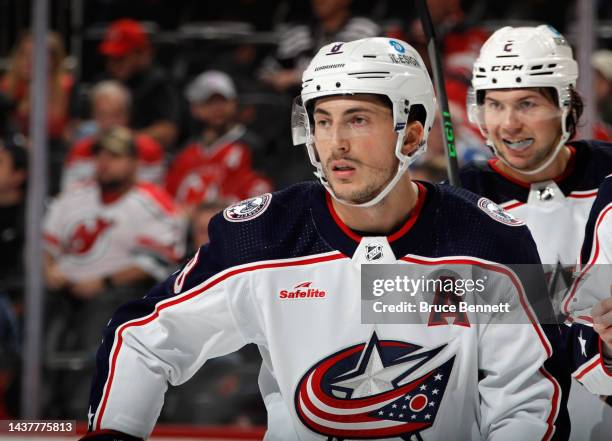 Zach Werenski of the Columbus Blue Jackets skates against the New Jersey Devils at the Prudential Center on October 30, 2022 in Newark, New Jersey....