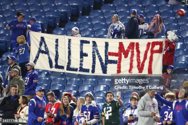 Buffalo Bills fans display a sign in support of Josh Allen prior to the game against the Green Bay Packers at Highmark Stadium on October 30, 2022 in...