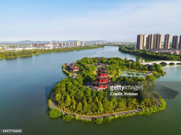aerial photo of peony pavilion scenic spot in dream lake, fuzhou - fuzhou stock pictures, royalty-free photos & images