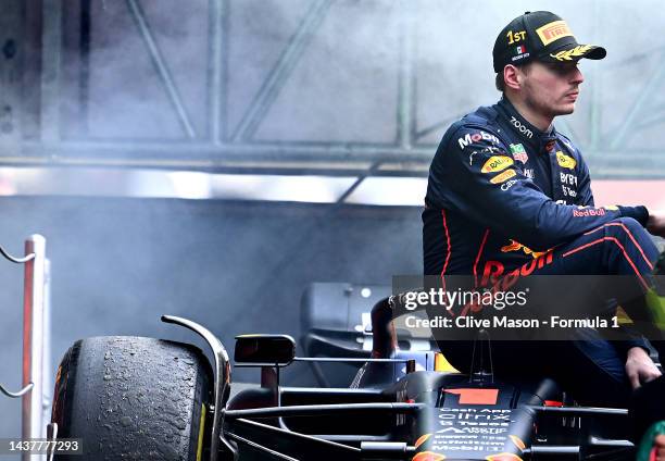 Race winner Max Verstappen of the Netherlands and Oracle Red Bull Racing celebrates on the podium during the F1 Grand Prix of Mexico at Autodromo...