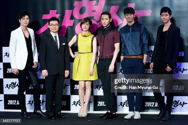 South Korean actors Kang Ji-Hwan,Sung You-Ri,Lee Soo-Hyuk,Kim Young-Kwang and Shin Min-Chul and director Shin Tae-Ra attend during at the "Runway...