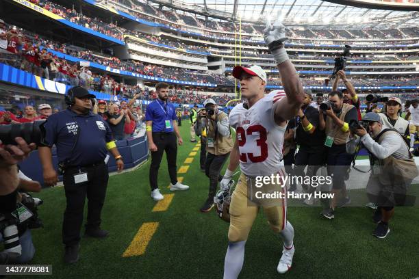 Christian McCaffrey of the San Francisco 49ers celebrates after a game against the Los Angeles Rams at SoFi Stadium on October 30, 2022 in Inglewood,...