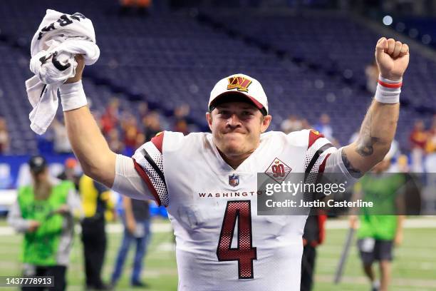 Taylor Heinicke of the Washington Commanders celebrates after beating the Indianapolis Colts 17-16 at Lucas Oil Stadium on October 30, 2022 in...