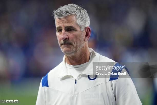 Head coach Frank Reich of the Indianapolis Colts walks off the field after losing 17-16 to the Washington Commanders at Lucas Oil Stadium on October...