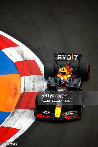 Sergio Perez of Mexico driving the Oracle Red Bull Racing RB18 on track during the F1 Grand Prix of Mexico at Autodromo Hermanos Rodriguez on October...