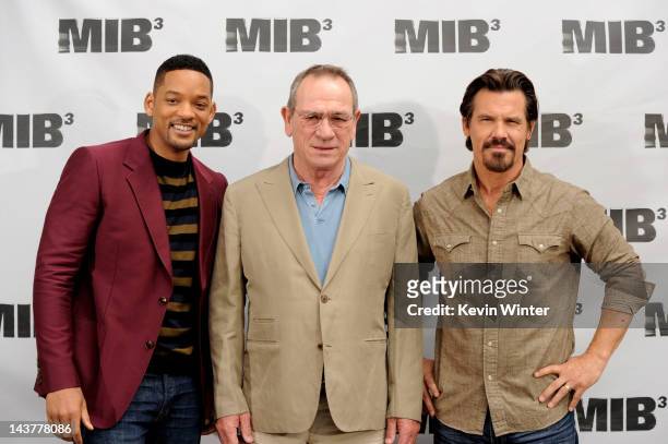 Actors Will Smith, Tommy Lee Jones and Josh Brolin pose at a photo call for Columbia Pictures' "Men In Black 3" at the Four Seasons Hotel on May 3,...