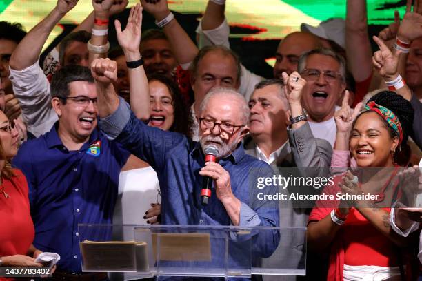 Candidate Luiz Inácio Lula Da Silva speaks after being elected president of Brazil over incumbent Bolsonaro by a thin margin on the runoff at...