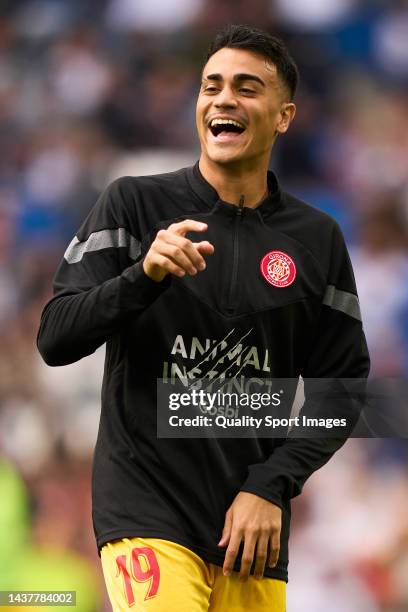 Reinier of Girona FC reacts prior the game during the LaLiga Santander match between Real Madrid CF and Girona FC at Estadio Santiago Bernabeu on...