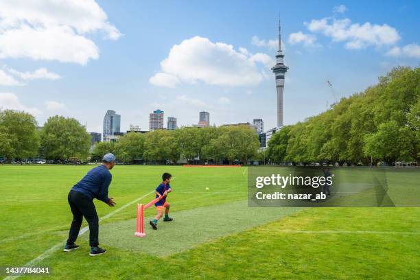 vater mit kindern spielt cricket. - cricketer stock-fotos und bilder