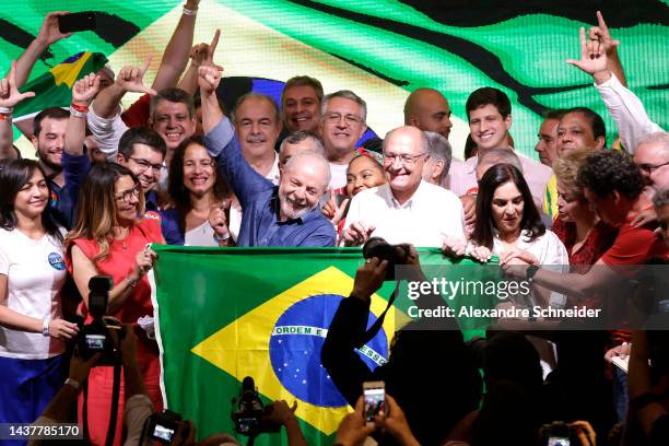 Candidate Luiz Inácio Lula Da Silva speaks after being elected president of Brazil over incumbent Bolsonaro by a thin margin on the runoff at...