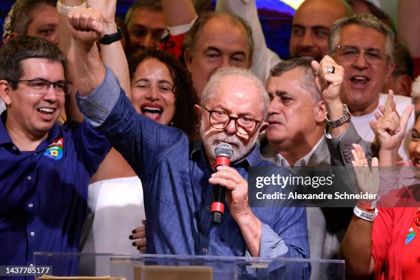 Candidate Luiz Inácio Lula Da Silva speaks after being elected president of Brazil over incumbent Bolsonaro by a thin margin on the runoff at...