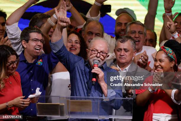 Candidate Luiz Inácio Lula Da Silva speaks after being elected president of Brazil over incumbent Bolsonaro by a thin margin on the runoff at...