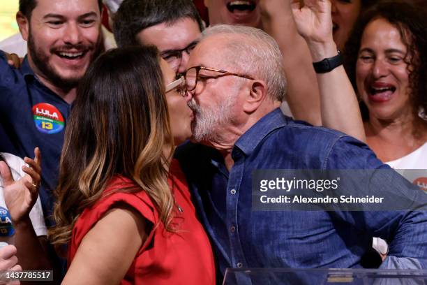 Candidate Luiz Inácio Lula Da Silva kisses his wife Rosangela Janja da Silva after being elected president of Brazil over incumbent Bolsonaro by a...