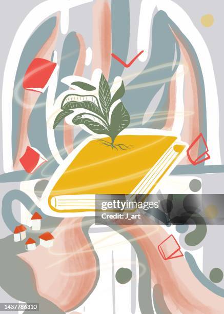 plant growing out of book. - contemporary literature stock pictures, royalty-free photos & images