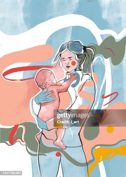 mother gently embrace her little baby - sleeping girl drawing stock pictures, royalty-free photos & images