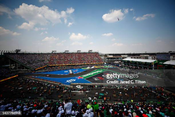 General view of the track action during the F1 Grand Prix of Mexico at Autodromo Hermanos Rodriguez on October 30, 2022 in Mexico City, Mexico.