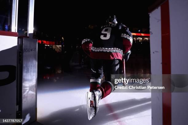 Clayton Keller of the Arizona Coyotes skates onto the ice before the NHL game against the New York Rangers at Mullett Arena on October 30, 2022 in...