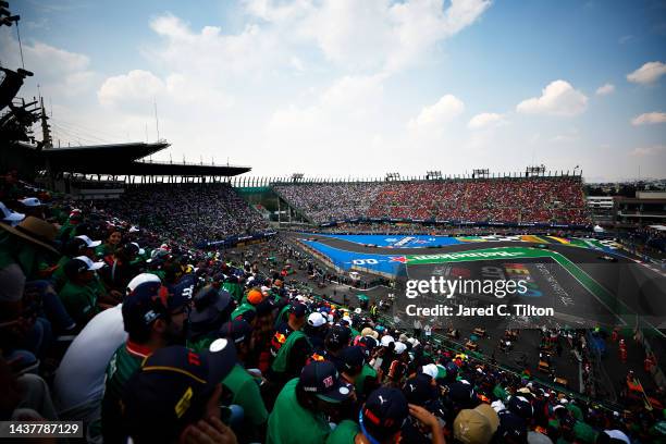 General view of the track action during the F1 Grand Prix of Mexico at Autodromo Hermanos Rodriguez on October 30, 2022 in Mexico City, Mexico.