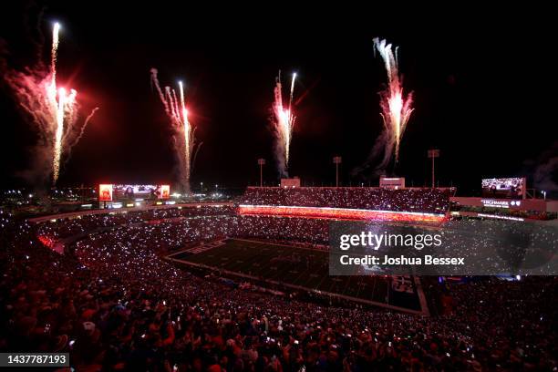 The Buffalo Bills take the field prior to their game against the Green Bay Packers at Highmark Stadium on October 30, 2022 in Orchard Park, New York.