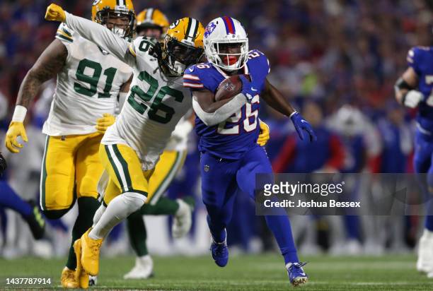 Devin Singletary of the Buffalo Bills rushes during the first half against the Green Bay Packers at Highmark Stadium on October 30, 2022 in Orchard...