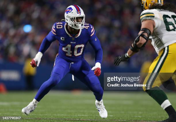 Von Miller of the Buffalo Bills rushes the quarterback during the first quarter against the Green Bay Packers at Highmark Stadium on October 30, 2022...