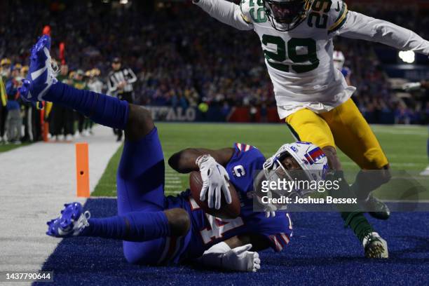 Stefon Diggs of the Buffalo Bills catches a touchdown pass during the first quarter against the Green Bay Packers at Highmark Stadium on October 30,...