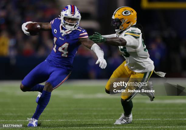 Stefon Diggs of the Buffalo Bills runs after catching a pass during the second quarter against the Green Bay Packers at Highmark Stadium on October...
