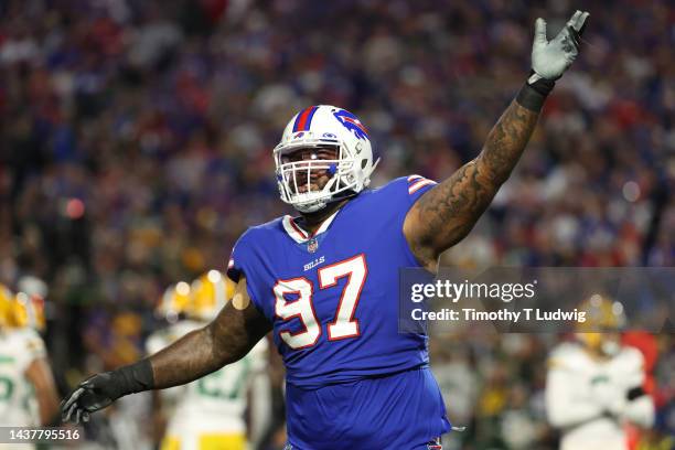 Jordan Phillips of the Buffalo Bills reacts after a tackle during the first quarter against the Green Bay Packers at Highmark Stadium on October 30,...