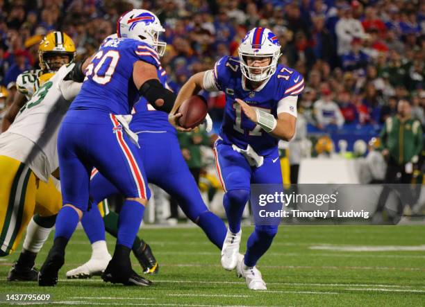 Josh Allen of the Buffalo Bills rushes during the second quarter against the Green Bay Packers at Highmark Stadium on October 30, 2022 in Orchard...