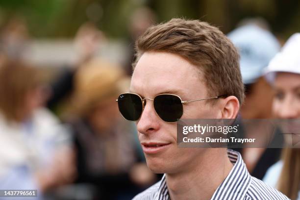 Jockey Michael Dee is seen during the Melbourne Cup Cavalcade and Press Conference on October 31, 2022 in Melbourne, Australia.