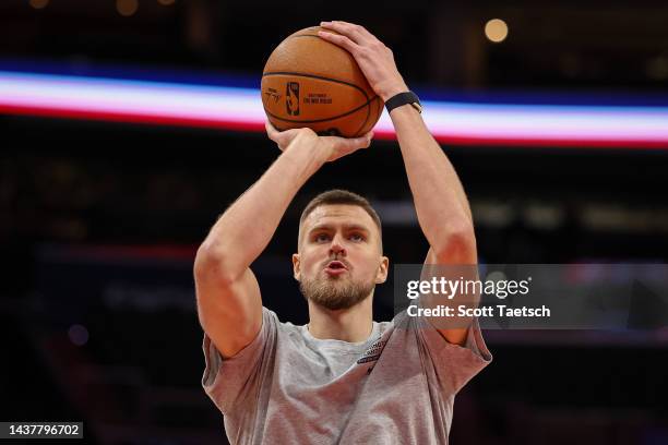 Kristaps Porzingis of the Washington Wizards warms up before the game against the Indiana Pacers at Capital One Arena on October 28, 2022 in...