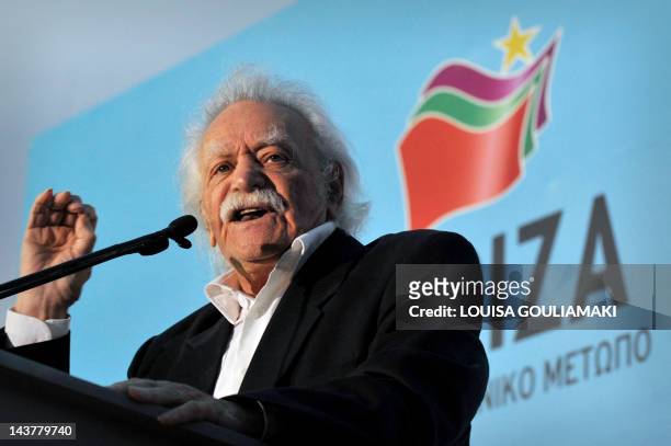 Greek resistance hero, politician and writer Manolis Glezos addresses party's supporters during a pre-election rally of the Left Coalition Party in...