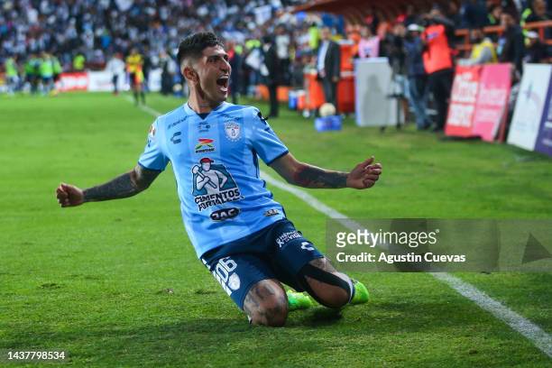 Victor Guzman of Pachuca celebrates after scoring his team's first goal during the final second leg match between Toluca and Pachuca as part of the...