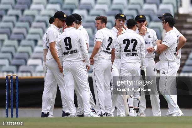 Jhye Richardson of Western Australia looks on after dismissing Qduring the Sheffield Shield match between Western Australia and Queensland at the...