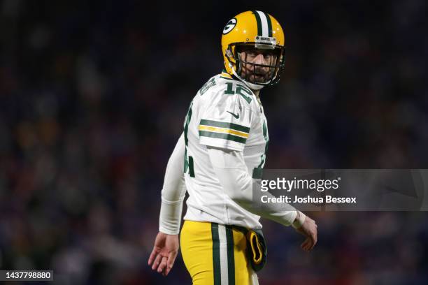 Aaron Rodgers of the Green Bay Packers reacts after a touchdown was called back due to a penalty during the third quarter against the Buffalo Bills...