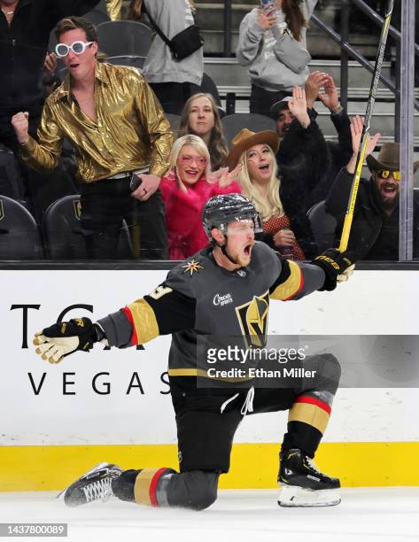 Jack Eichel of the Vegas Golden Knights celebrates after scoring a goal in overtime against the Winnipeg Jets to win the game 2-1 at T-Mobile Arena...