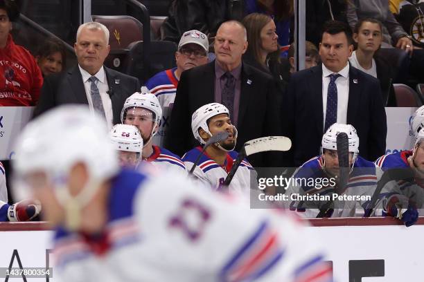 Head coach Gerard Gallant of the New York Rangers watches from the bench during the third period of the NHL game against the Arizona Coyotes at...