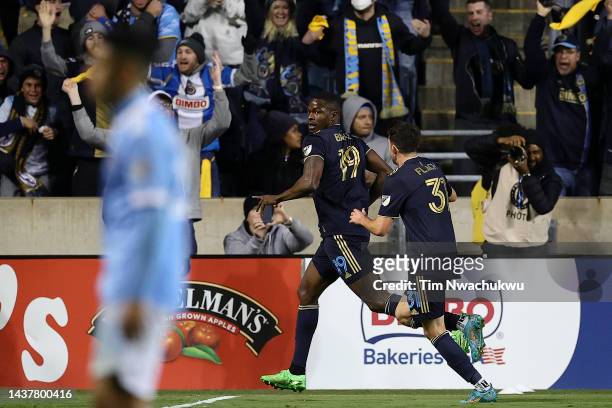 Cory Burke and Leon Flach of Philadelphia Union celebrate a goal by Burke during the second half against New York City FC at Subaru Park on October...